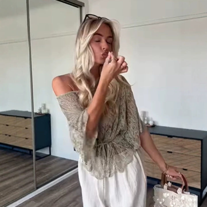 Damen Off-Shoulder Häkel-Strickbluse mit Tunnelzug und Volumenärmeln Drune