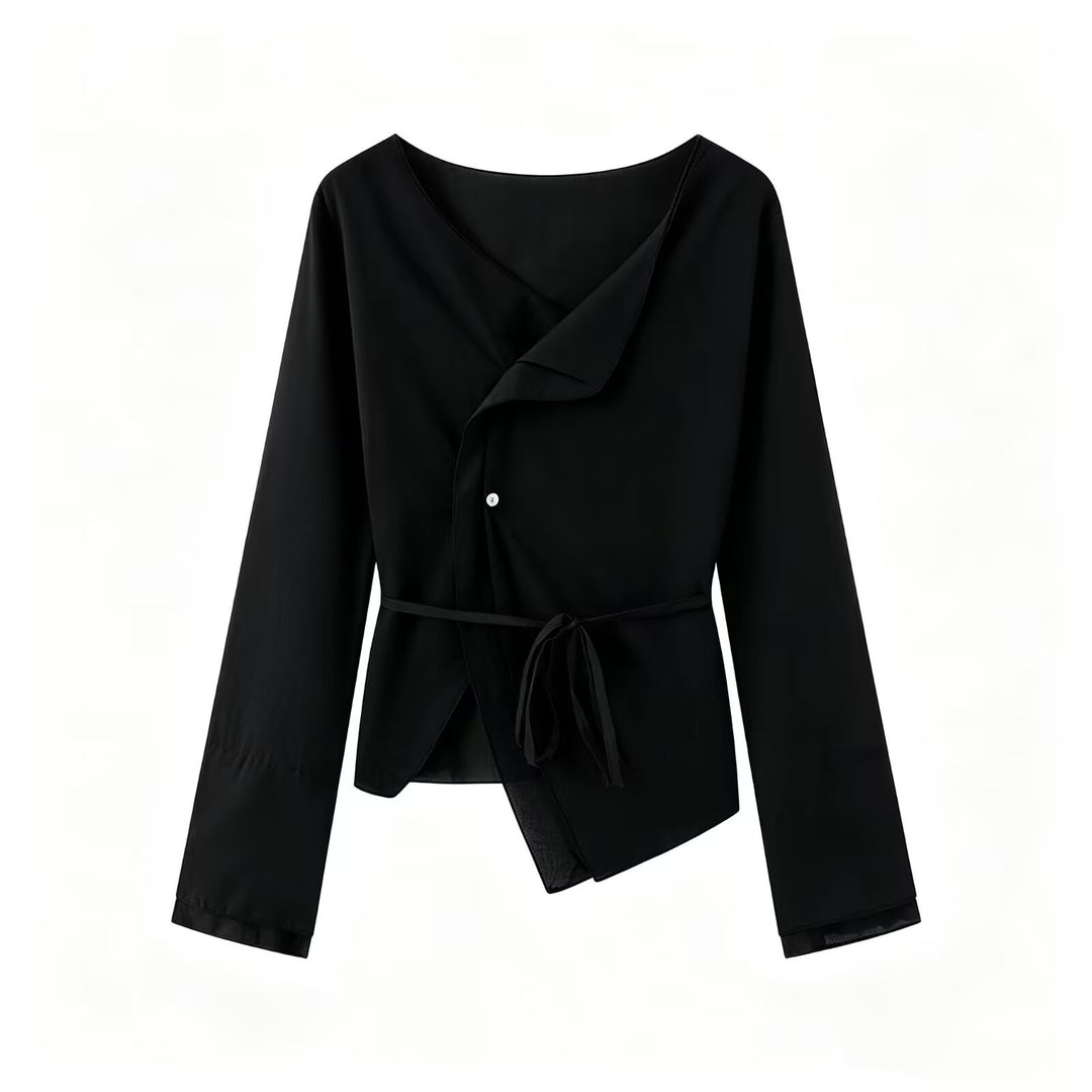 Damen Wickelbluse mit asymmetrischer Vorderseite, V‑Ausschnitt und Bindegürtel Drune