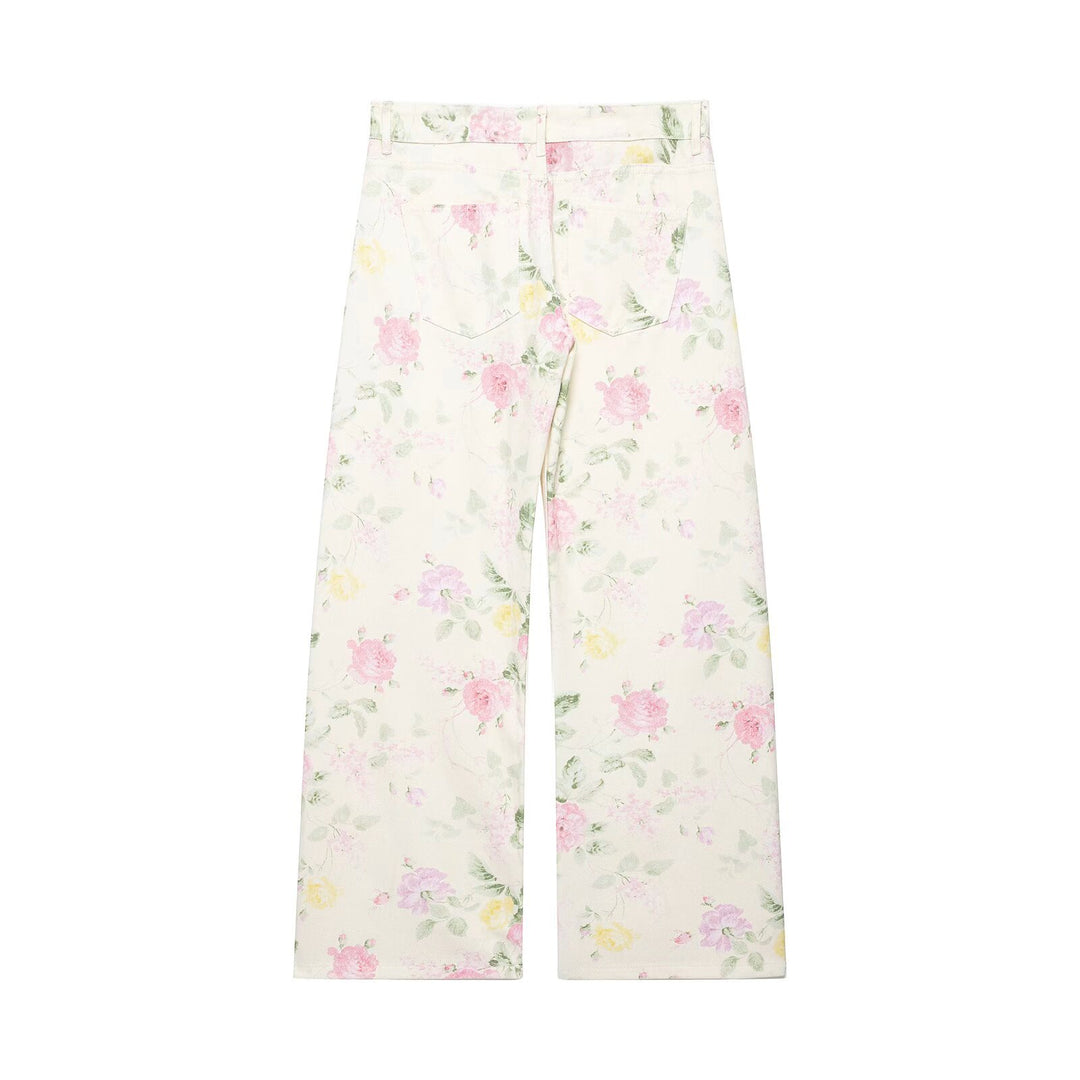 Damen Hochtaillierte weite Jeanshose mit zartem Blumenmuster und Fünftaschen-Schnitt Drune