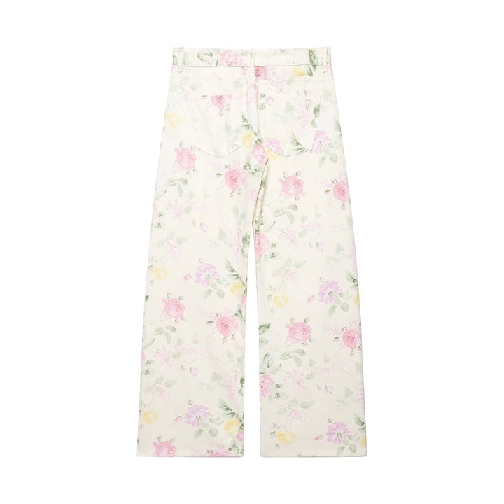 Damen Hochtaillierte weite Jeanshose mit zartem Blumenmuster und Fünftaschen-Schnitt Drune