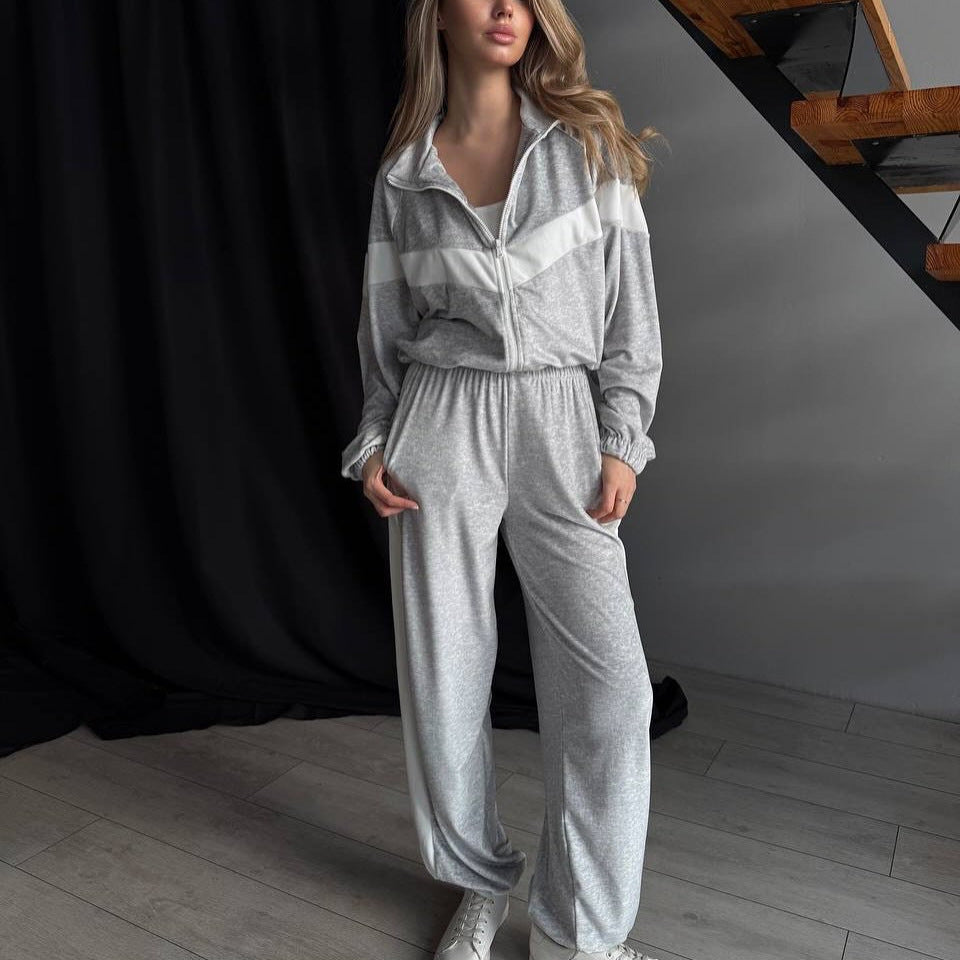 Damen Plüschiges Velours-Loungewear-Set mit Reißverschlussjacke und elastischem Taillenbund Drune
