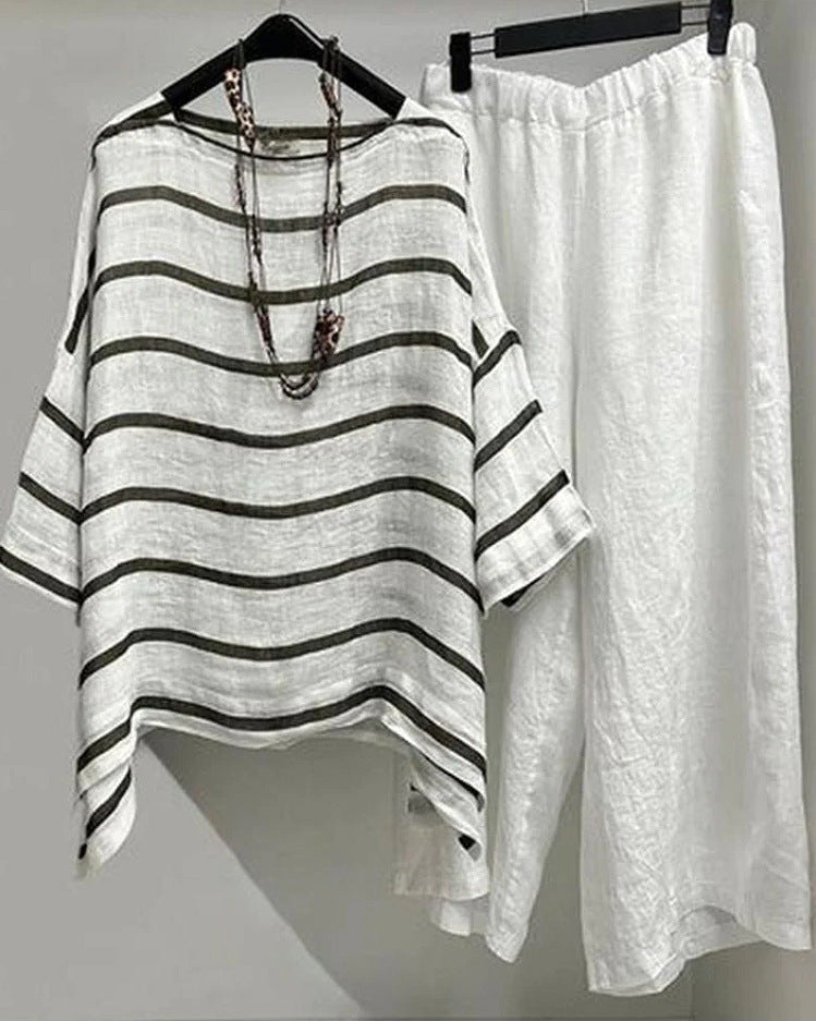Damen nan lässiges Leinen-Set mit asymmetrischer Streifenbluse und weiter Elastikbund-Hose Drune