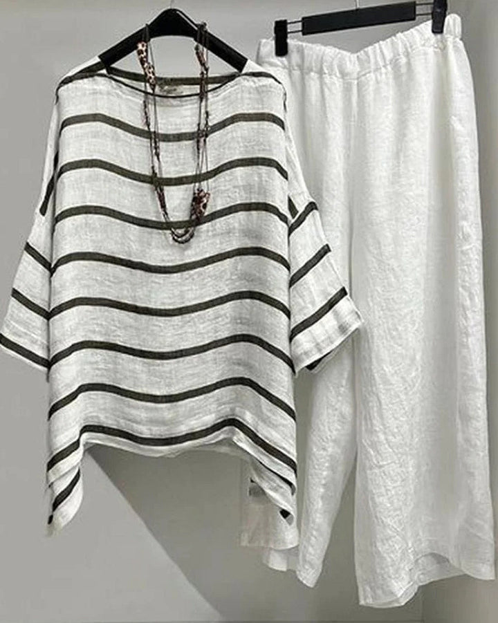 Damen nan lässiges Leinen-Set mit asymmetrischer Streifenbluse und weiter Elastikbund-Hose Drune