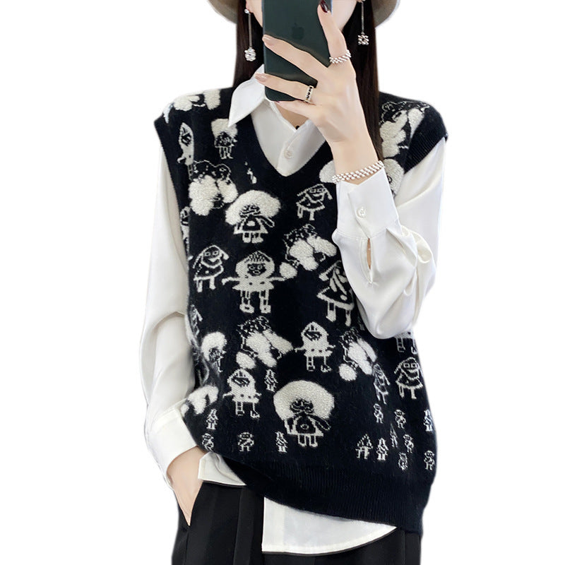 Damen Oversize-Strickweste mit V‑Ausschnitt und verspieltem Jacquard‑Motiv Drune