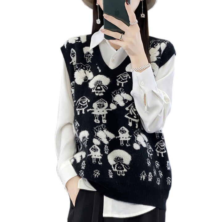Damen Oversize-Strickweste mit V‑Ausschnitt und verspieltem Jacquard‑Motiv Drune