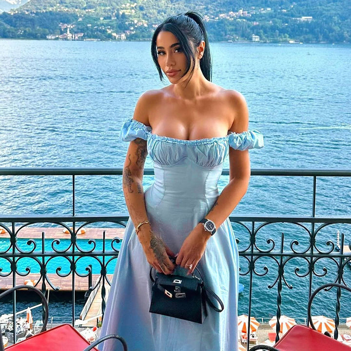 Damen Maxi-Kleid mit voluminösen Puffärmeln und elastischem Ausschnitt Drune