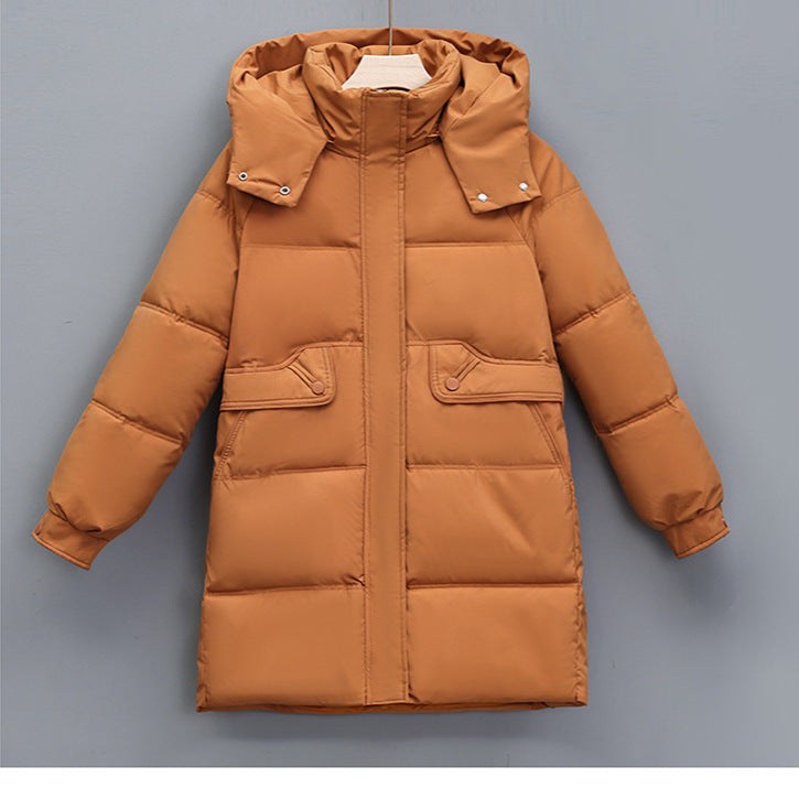Damen nan langer thermogepolsterter Parka mit abnehmbarer Kapuze, verdecktem Reißverschluss und Klappentaschen Drune
