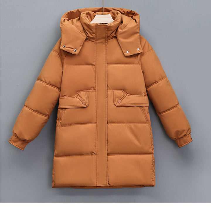 Damen nan langer thermogepolsterter Parka mit abnehmbarer Kapuze, verdecktem Reißverschluss und Klappentaschen Drune