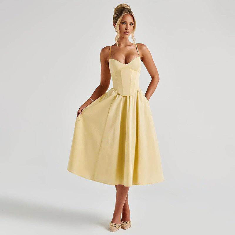 Damen Midi Kleid mit figurbetonter Corsage und schwingendem Rock Drune
