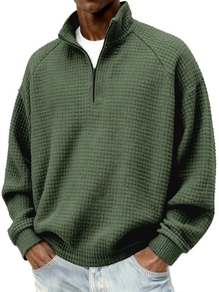 Herren Waffelstrick-Oversize-Pullover mit Halbreißverschluss und Stehkragen Drune