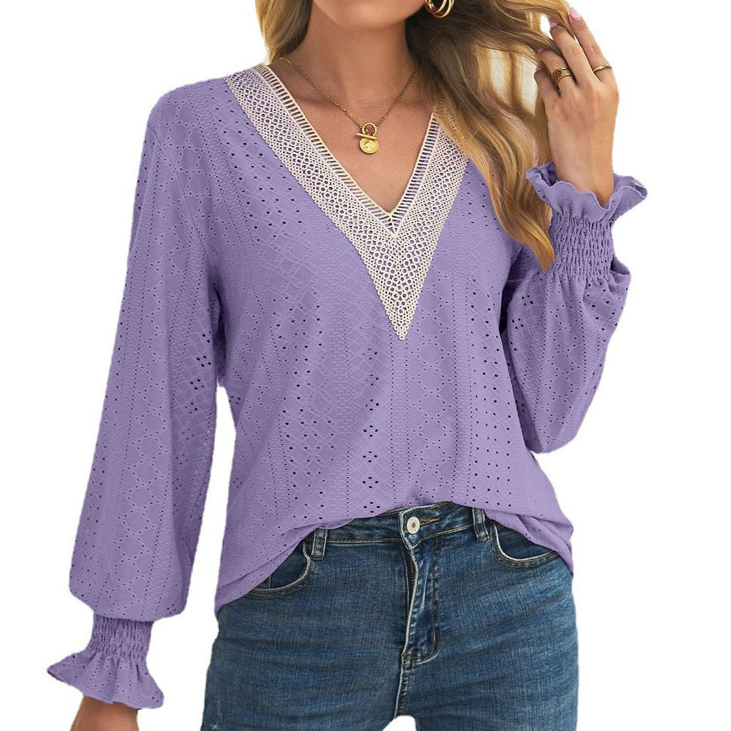 Damen Blusenshirt mit Lochmuster und V-Ausschnitt Drune