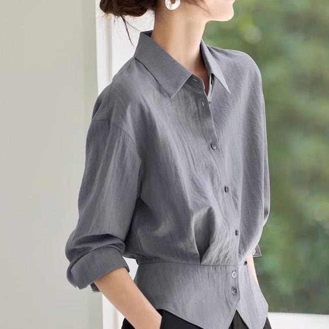 Damen elegante Oversized-Bluse mit Taillengürtel Drune