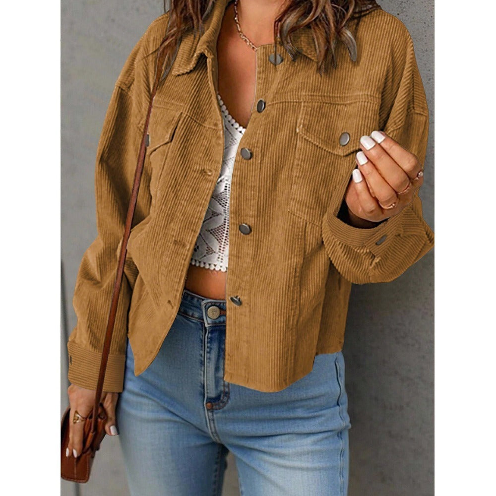 Damen Kurzjacke aus Cord mit Oversize-Passform, Brusttaschen und Druckknopfleiste Drune