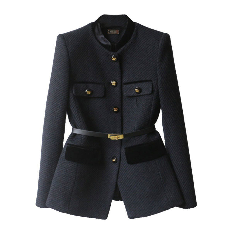 Damen Elegante Bouclé-Blazerjacke mit Samtbesatz und Taillengürtel Drune