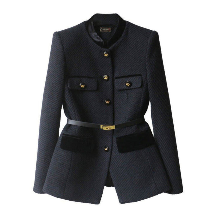 Damen Elegante Bouclé-Blazerjacke mit Samtbesatz und Taillengürtel Drune