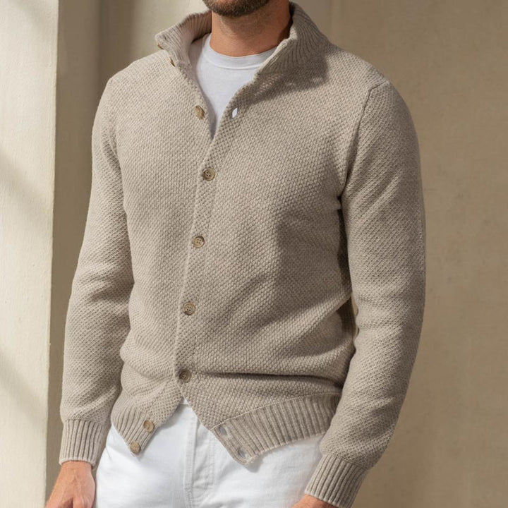 Herren Strukturstrick-Cardigan mit Stehkragen und durchgehender Knopfleiste Drune