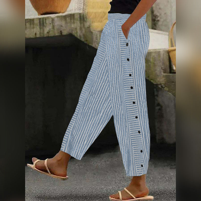 Damenweite Culotte-Hosen mit Paperbag-Taille, Knopfleiste und Seitentaschen Drune