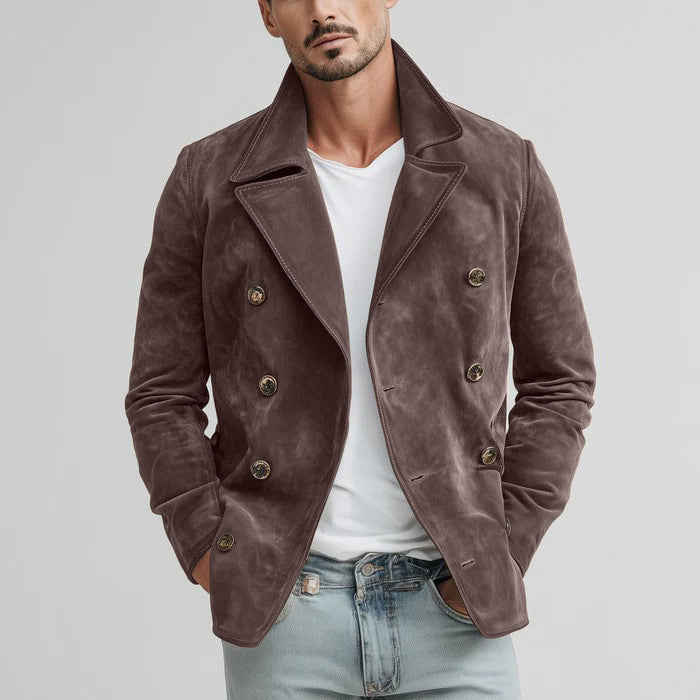 Herren Doppelreihige Velourslederjacke im Kurzmantel-Blouson mit markantem Revers Drune