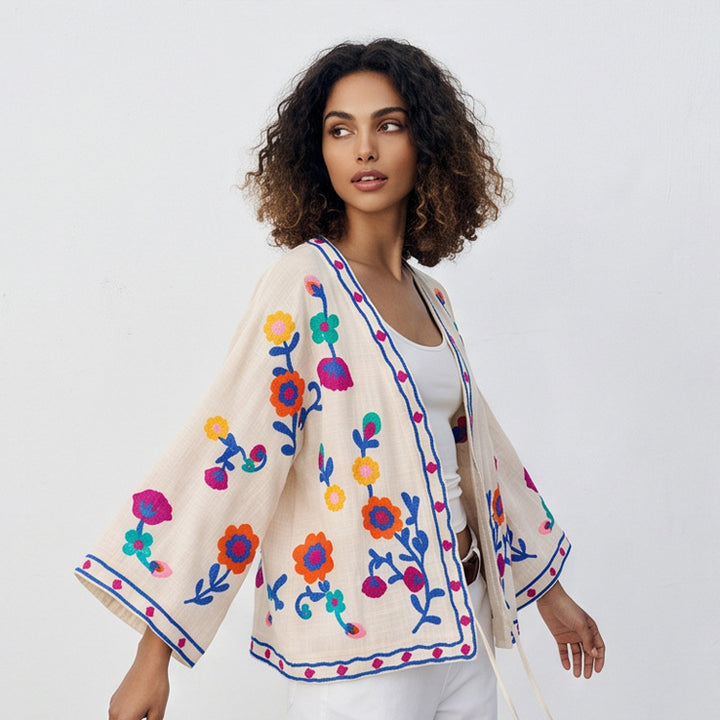 Damen bestickte Leinen‑Überwurfjacke mit folkloristischen Blumenapplikationen Drune