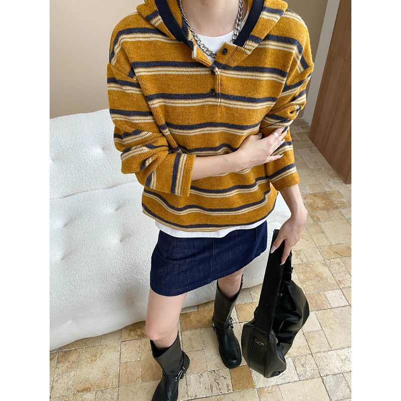 Damen gestreifter Hoodie aus weichem Material mit Knopfverschluss Drune