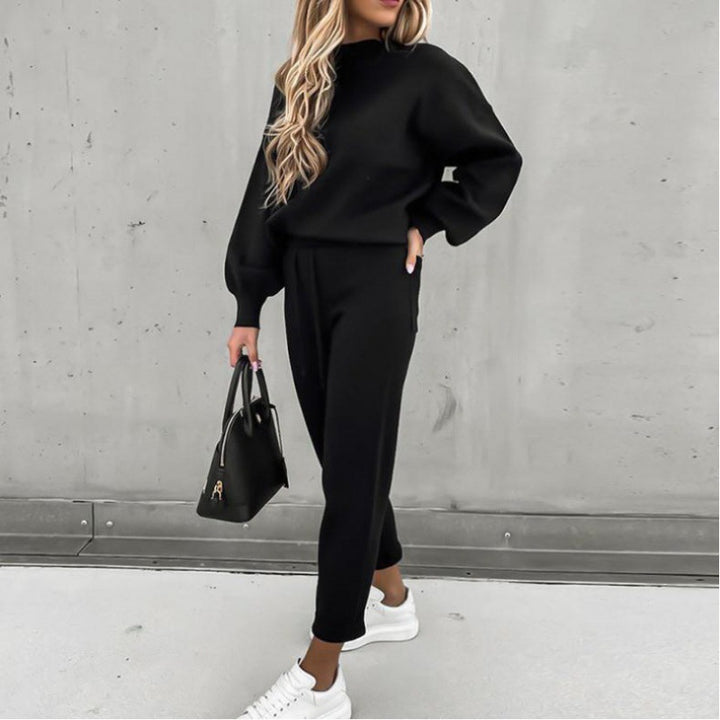 Damen Strick-Loungewear-Set mit Ballonärmeln und taillierter Jogginghose Drune