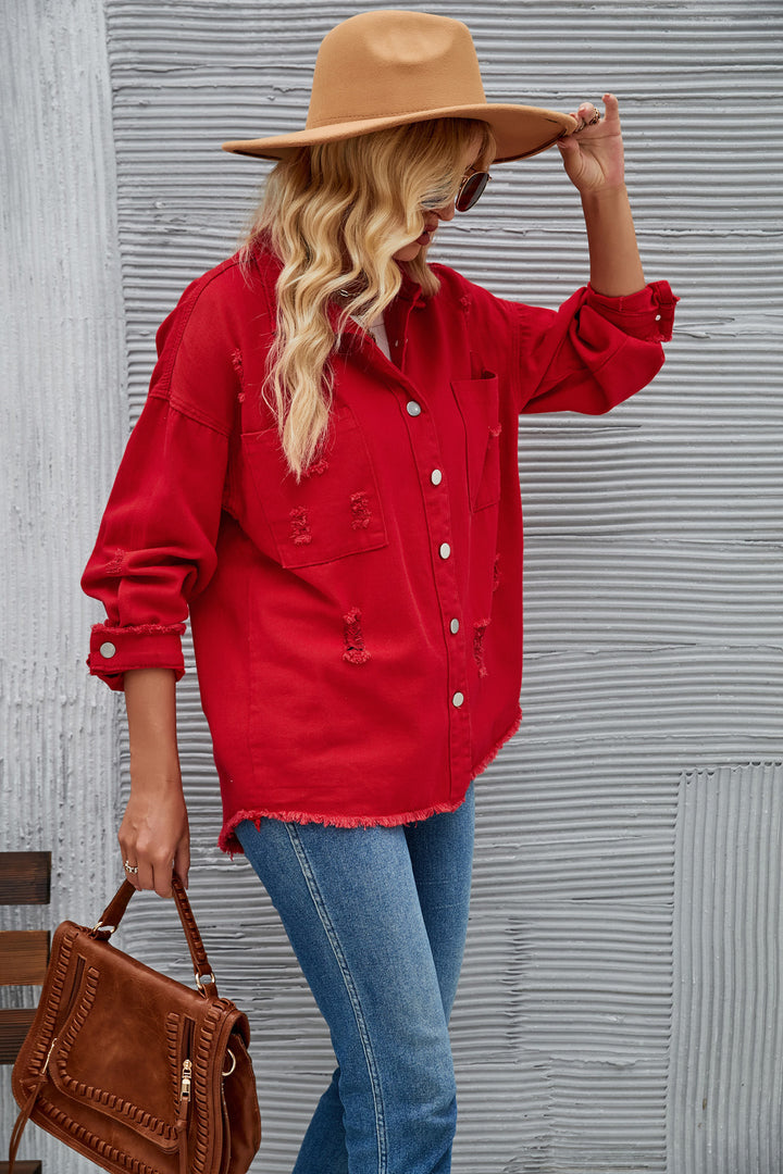 Damen Denim-Hemdjacke im lässigen Oversized-Schnitt mit fransigen Details Drune