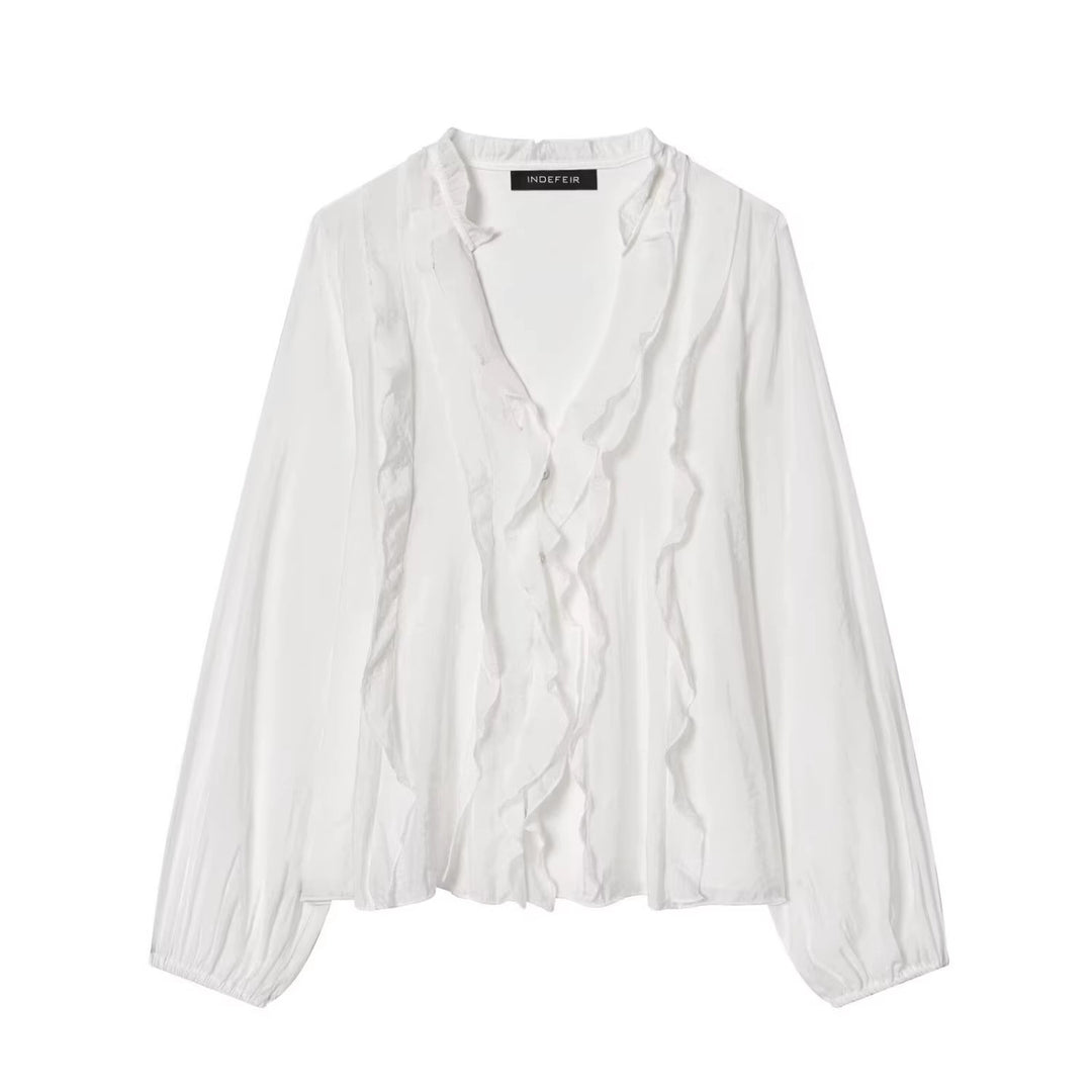 Damen Transparente Crinkle-Bluse mit Volantkragen, Rüschenfront und Ballonärmeln Drune