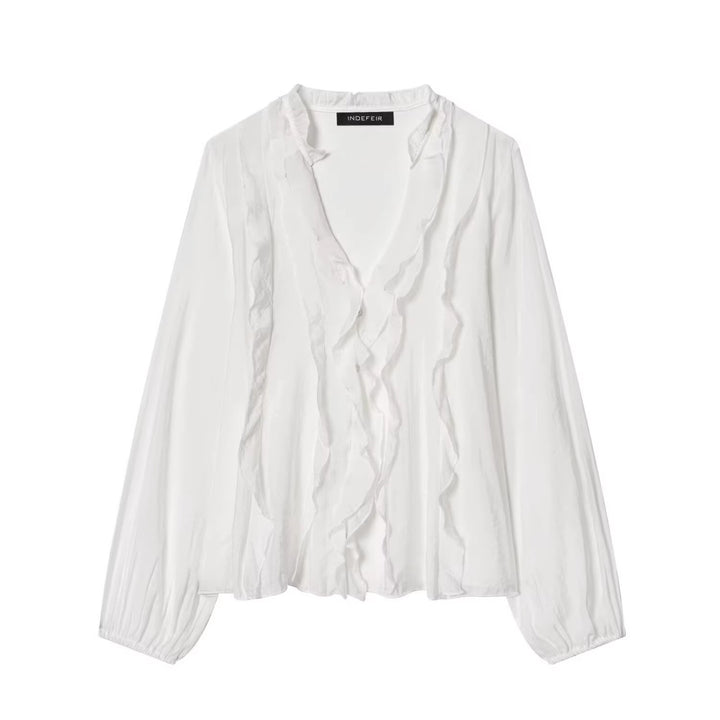 Damen Transparente Crinkle-Bluse mit Volantkragen, Rüschenfront und Ballonärmeln Drune