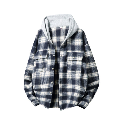 Unisex Overshirt mit Kontrastkapuze im Karo‑Flanell‑Look, Button‑Front und aufgesetzten Brusttaschen Drune