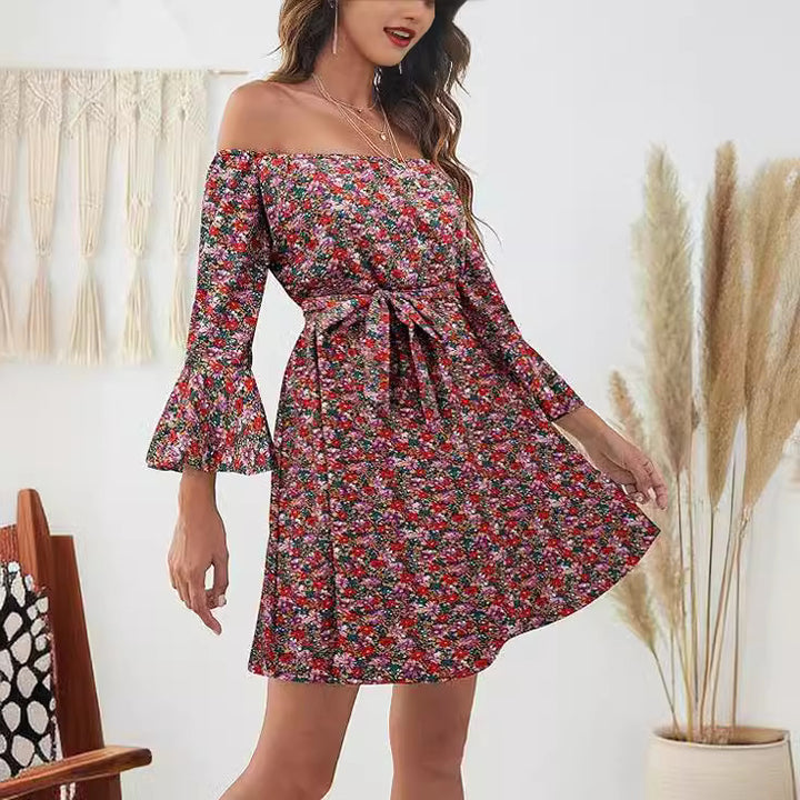 Damen Off-Shoulder Kleid mit buntem Muster Drune