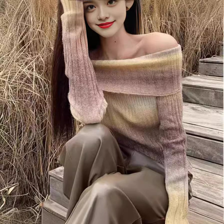 Damen modischer asymmetrischer Pullover mit Off-Shoulder-Ausschnitt und Rippenstruktur Drune