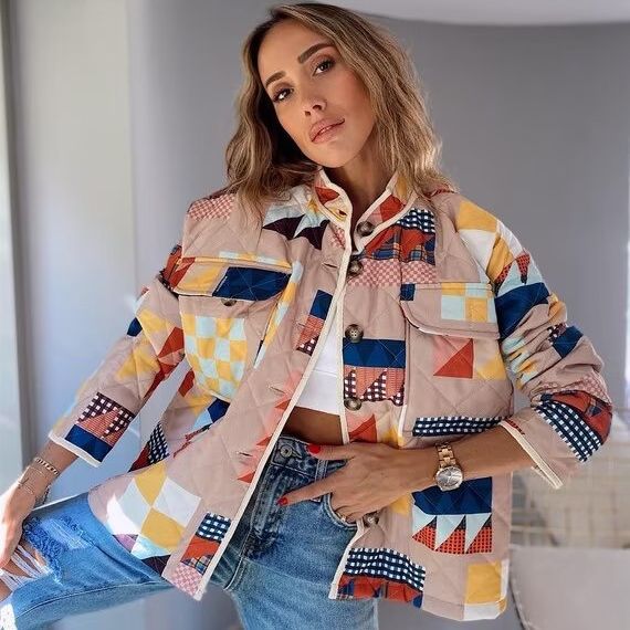Damen nan gesteppte Patchwork-Quiltjacke mit Stehkragen und aufgesetzten Klappentaschen Drune