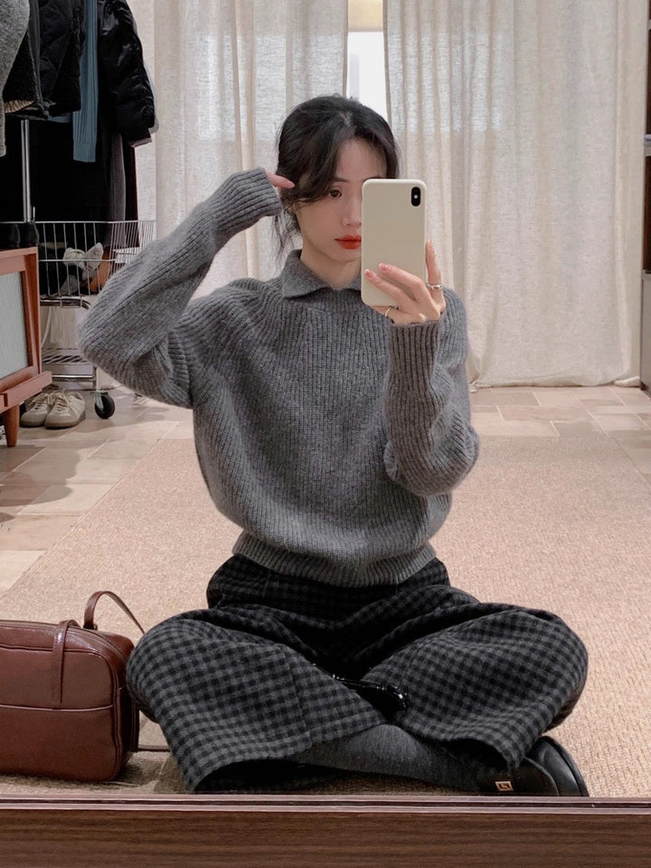 Damen Oversize-Polokragen Feinstrickpullover mit geripptem Saum und kaschmirähnlicher Haptik Drune