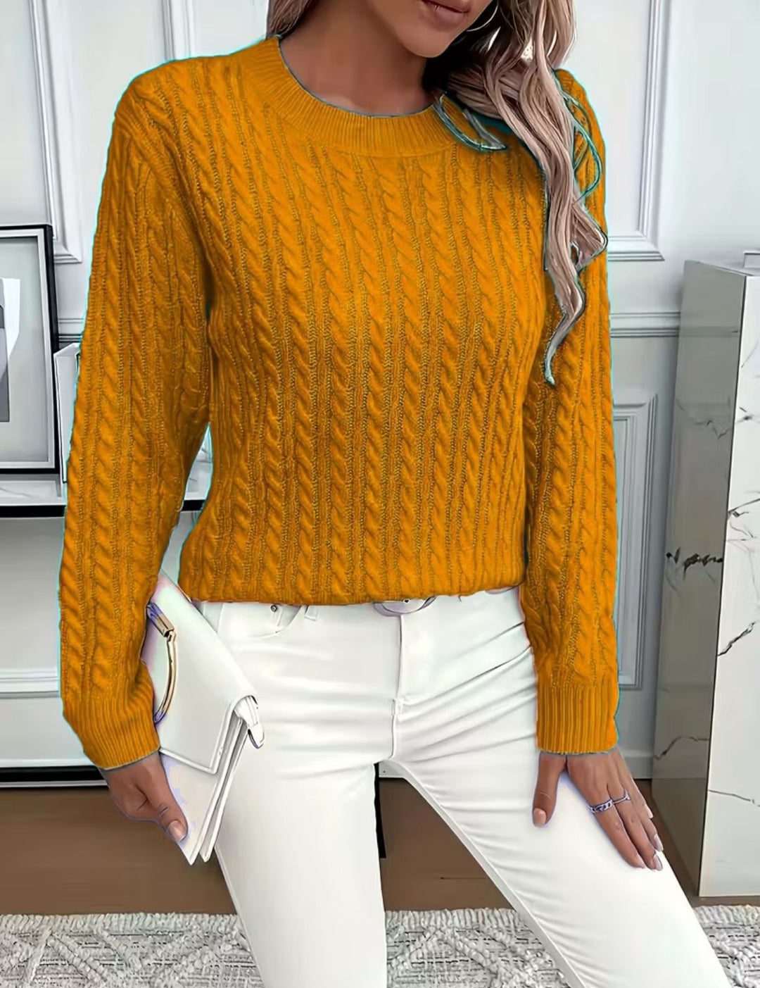 Damen Kurz geschnittener Zopfmuster-Strickpullover mit Rundhalsausschnitt Drune