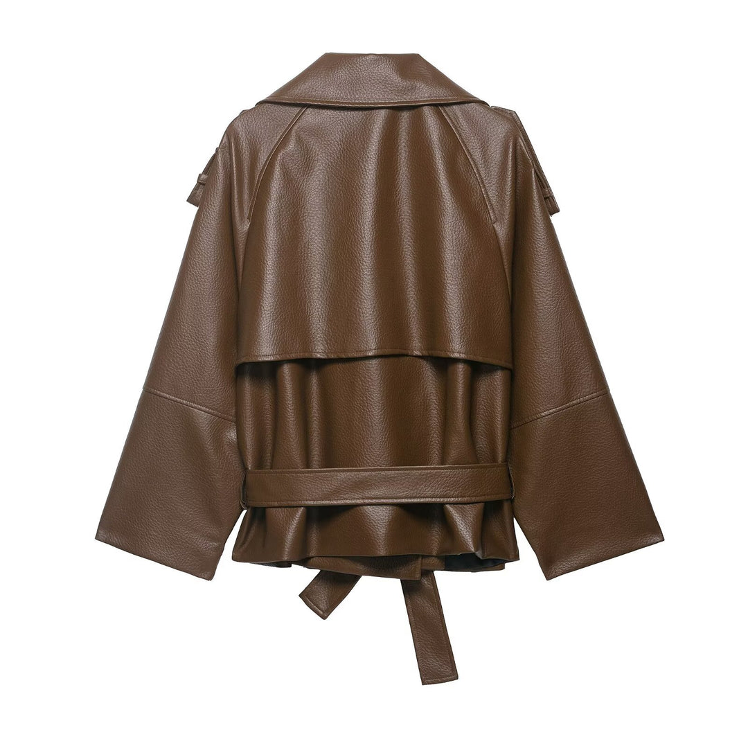 Damen Kurzer Trenchcoat in Lederoptik mit doppelreihiger Knopfleiste, Schulterklappen und Taillengürtel Drune