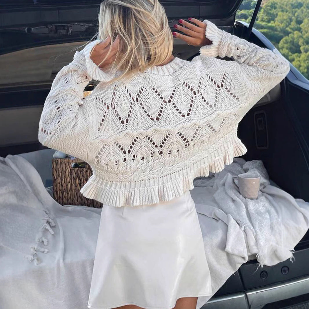 Damen Strickpullover mit Rüschen und Lochmuster Drune