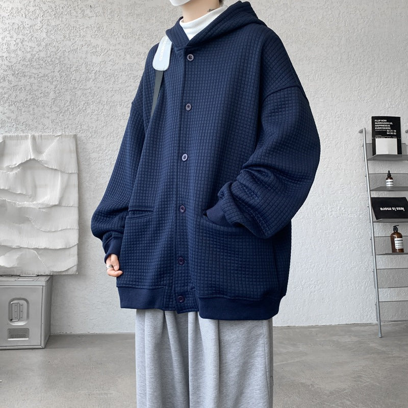 Herren Oversize-Stepp-Kapuzenjacke mit Waffelstruktur, Knopfleiste und Eingrifftaschen Drune