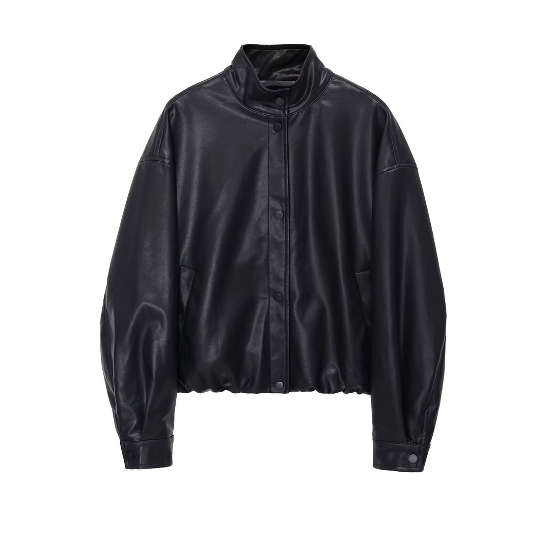 Damen nan kurze PU-Leder Bomberjacke mit Stehkragen, Druckknopfleiste und elastischem Saum Drune