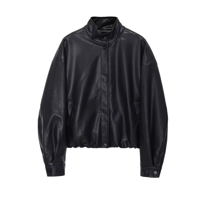 Damen nan kurze PU-Leder Bomberjacke mit Stehkragen, Druckknopfleiste und elastischem Saum Drune