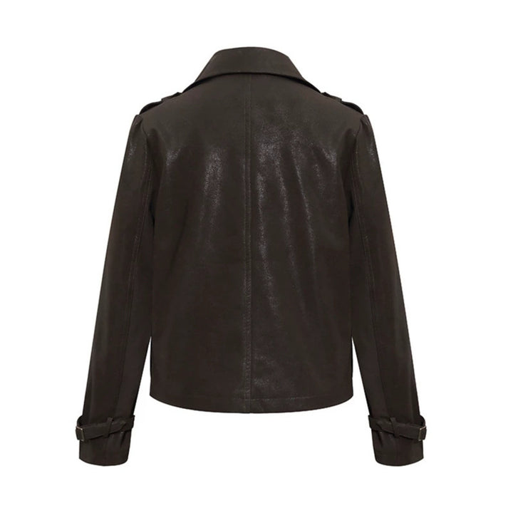 Damen Cropped Doppelreihige Lederjacke im Trenchstil mit Schulterklappen Drune