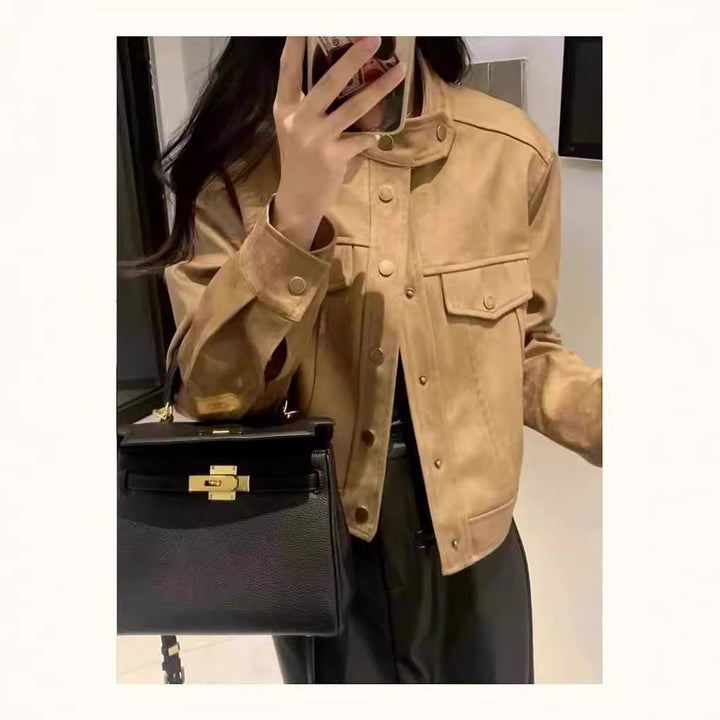 Damen Modische Kurzjacke im Stilmix mit Taschen und Knopfdetails Drune
