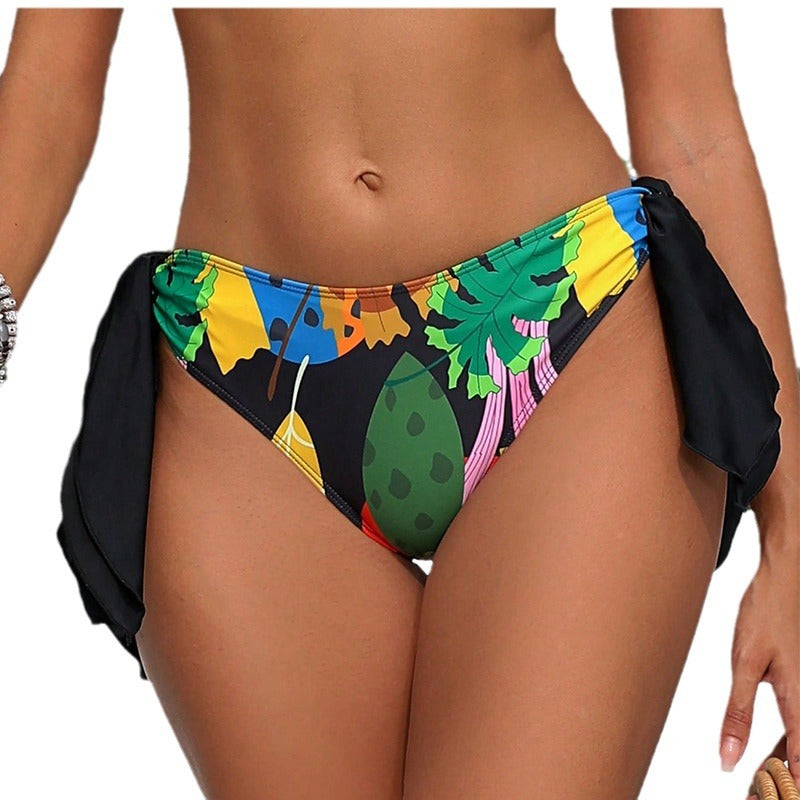 Damen Bikinislip mit seitlichem Schnürdetail und buntem Blattmuster Drune