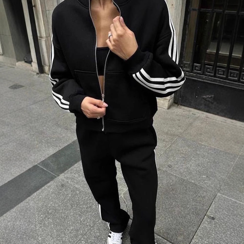 Damen Sportlicher Loungewear-Anzug mit hohem Kragen und seitlichen Streifen Drune