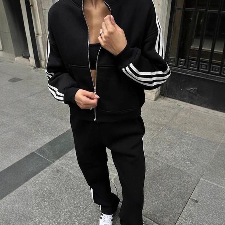 Damen Sportlicher Loungewear-Anzug mit hohem Kragen und seitlichen Streifen Drune