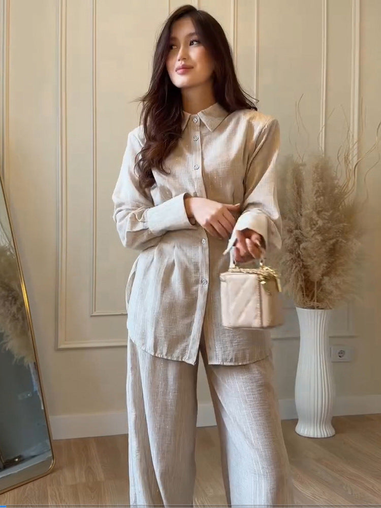Damen Leichtes Leinen-Loungewear-Set mit Oversize-Hemd und weiter Bundhose Drune