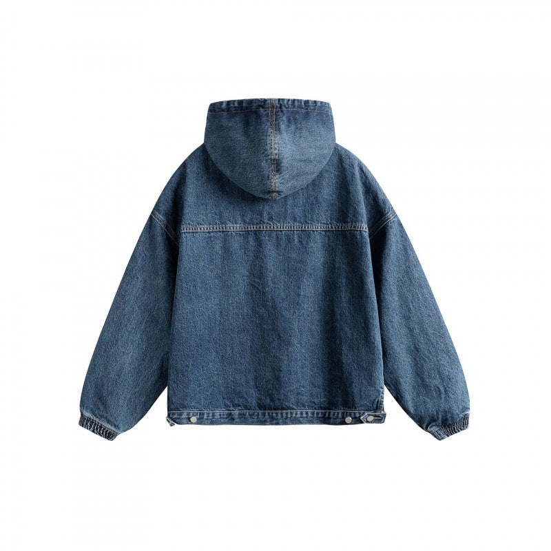Unisex Oversize Jeansstoff-Hoodie mit Kängurutasche und halbem Reißverschluss Drune