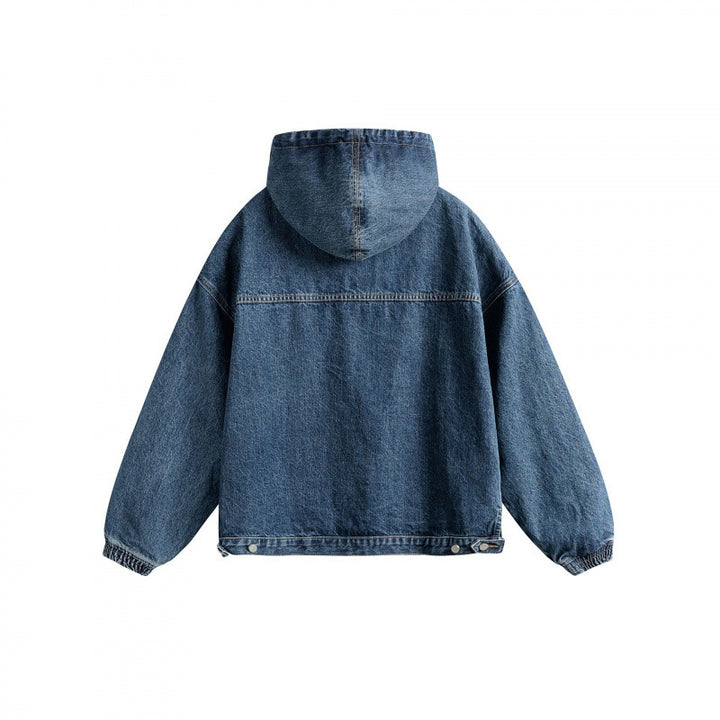 Unisex Oversize Jeansstoff-Hoodie mit Kängurutasche und halbem Reißverschluss Drune