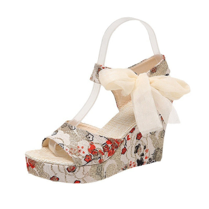 Damen Wedge-Sandaletten mit floralem Design und dekorativem Schleifendetail Drune