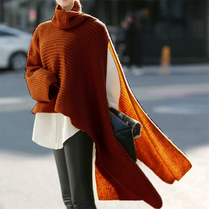 Damen Asymmetrischer Rollkragen-Poncho mit seitlichem Cape-Detail Drune
