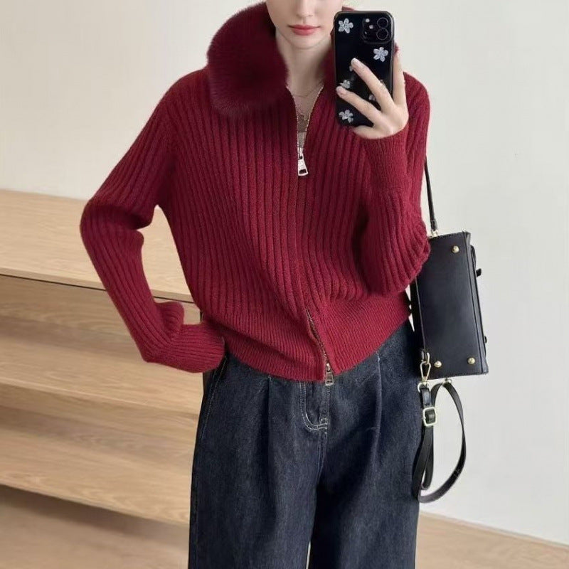 Damen Strickjacke mit hochwertigem Kunstfellkragen und eleganter Rippstruktur Drune